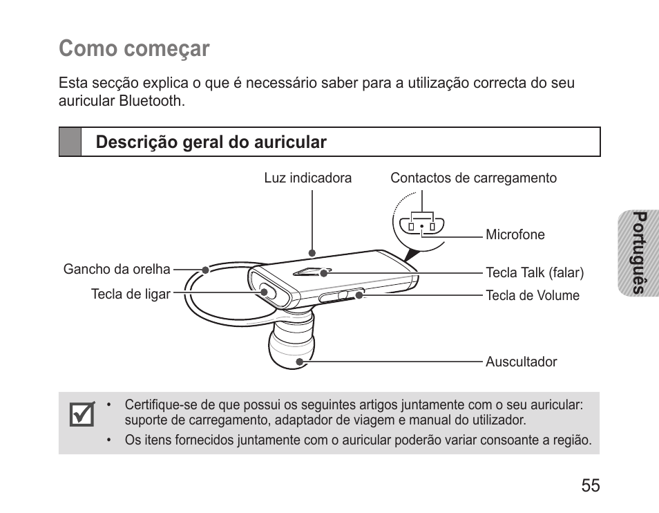 Como começar, Descrição geral do auricular | Samsung BHM3200 User Manual | Page 57 / 80