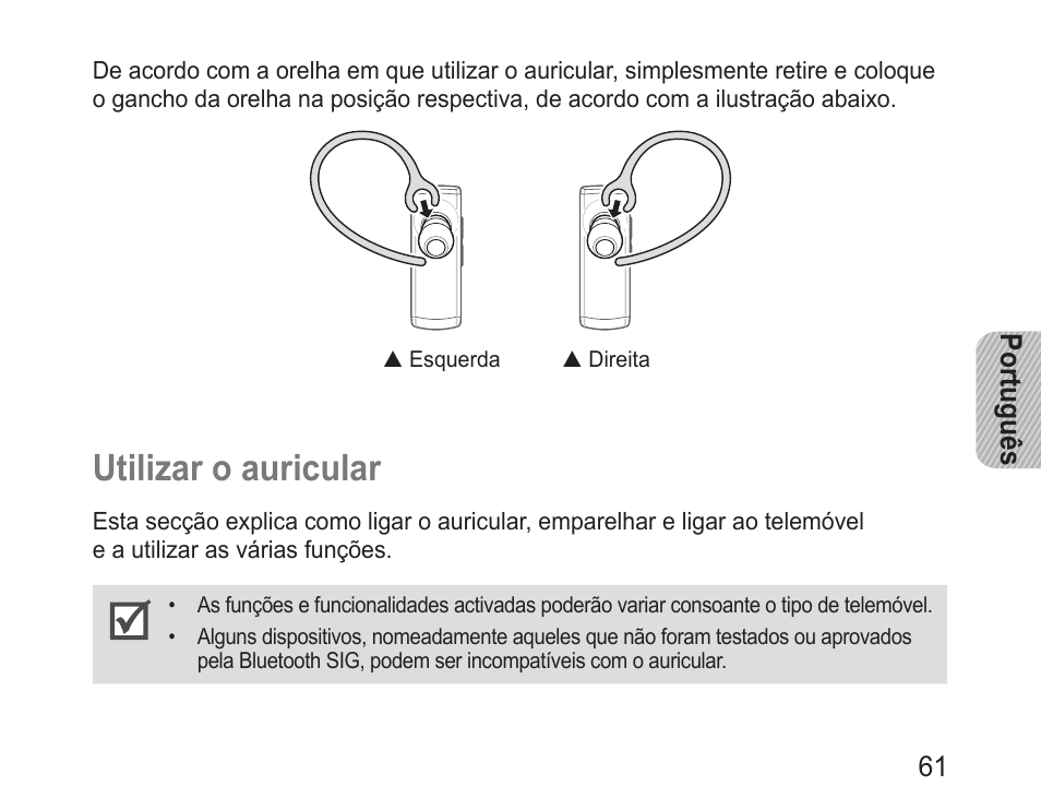 Utilizar o auricular | Samsung BHM3200 User Manual | Page 63 / 80