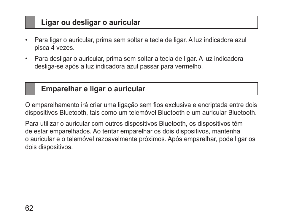 Ligar ou desligar o auricular, Emparelhar e ligar o auricular | Samsung BHM3200 User Manual | Page 64 / 80