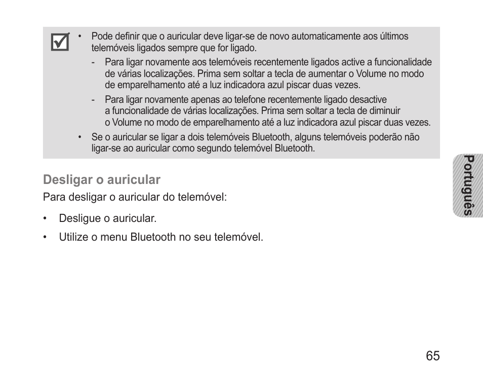 Português 65, Desligar o auricular | Samsung BHM3200 User Manual | Page 67 / 80
