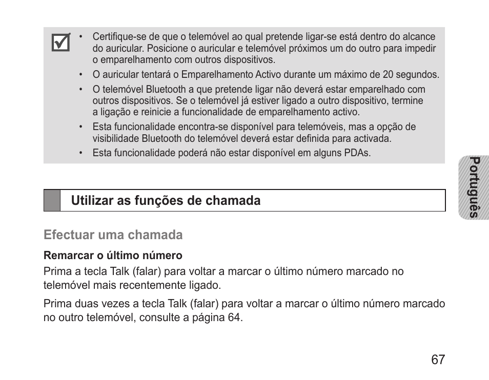 Utilizar as funções de chamada, Português 67 | Samsung BHM3200 User Manual | Page 69 / 80