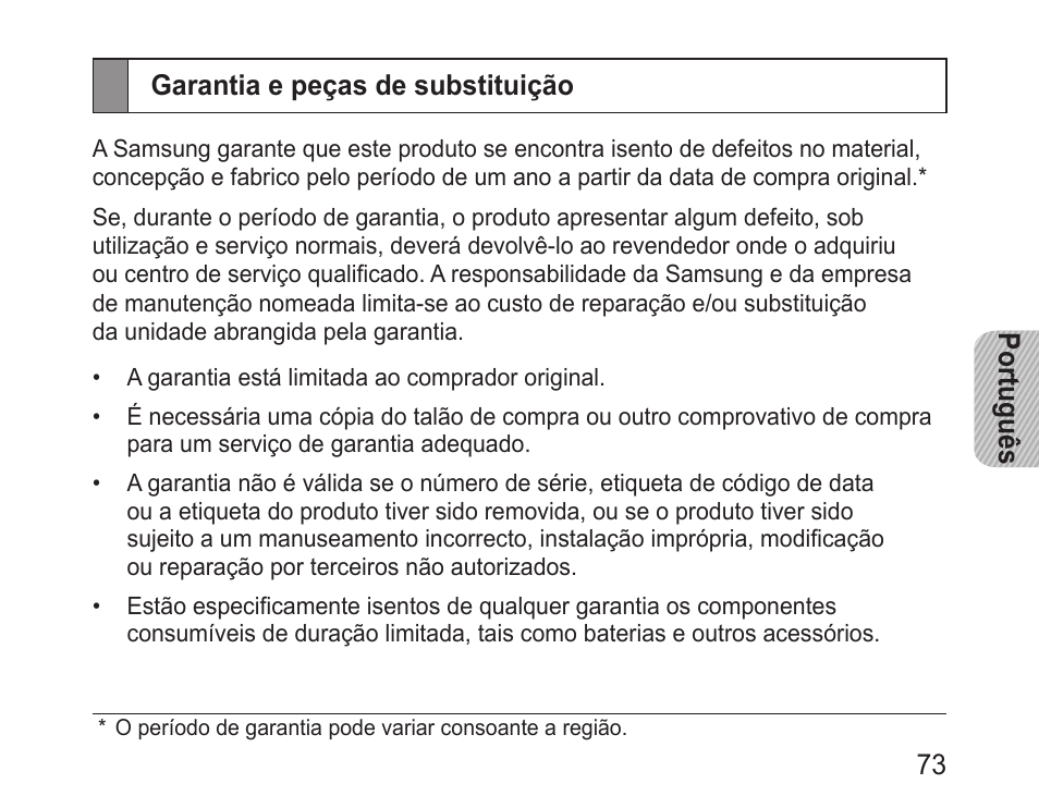Garantia e peças de substituição | Samsung BHM3200 User Manual | Page 75 / 80