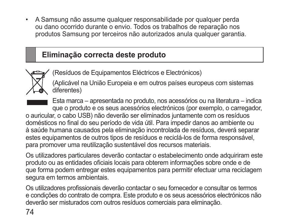Eliminação correcta deste produto | Samsung BHM3200 User Manual | Page 76 / 80