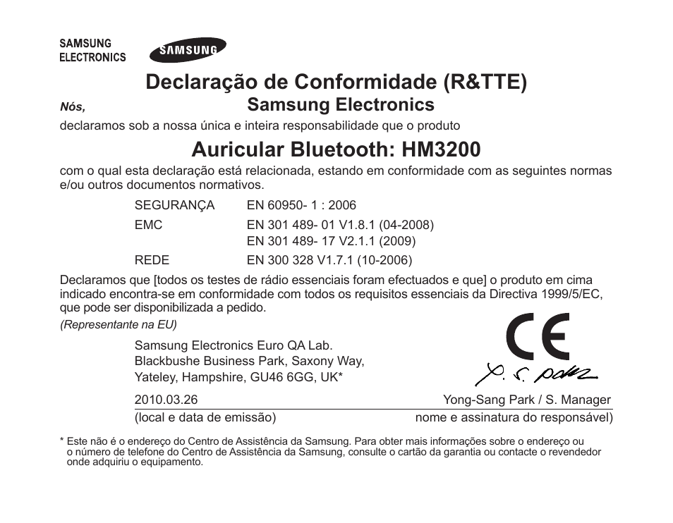 Declaração de conformidade (r&tte), Auricular bluetooth: hm3200, Samsung electronics | Samsung BHM3200 User Manual | Page 79 / 80