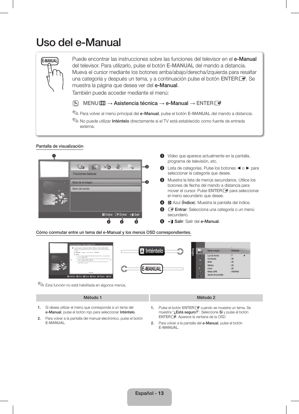 Uso del e-manual, A inténtelo, E-manual | Menu m → asistencia técnica → e-manual → enter e | Samsung UE40D5800VW User Manual | Page 49 / 73