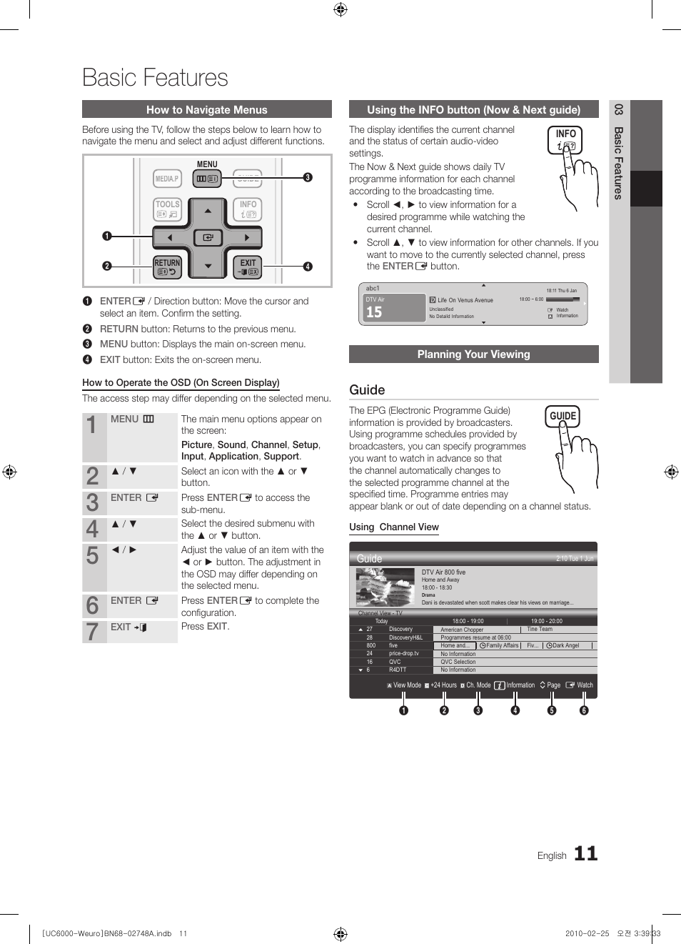 Basic features, Guide | Samsung UE40C6000RW User Manual | Page 11 / 325