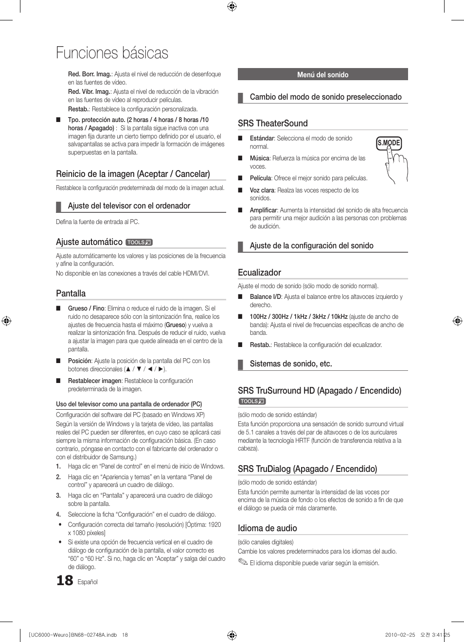 Funciones básicas, Reinicio de la imagen (aceptar / cancelar), Ajuste automático | Pantalla, Srs theatersound, Ecualizador, Srs trusurround hd (apagado / encendido), Srs trudialog (apagado / encendido), Idioma de audio | Samsung UE40C6000RW User Manual | Page 126 / 325