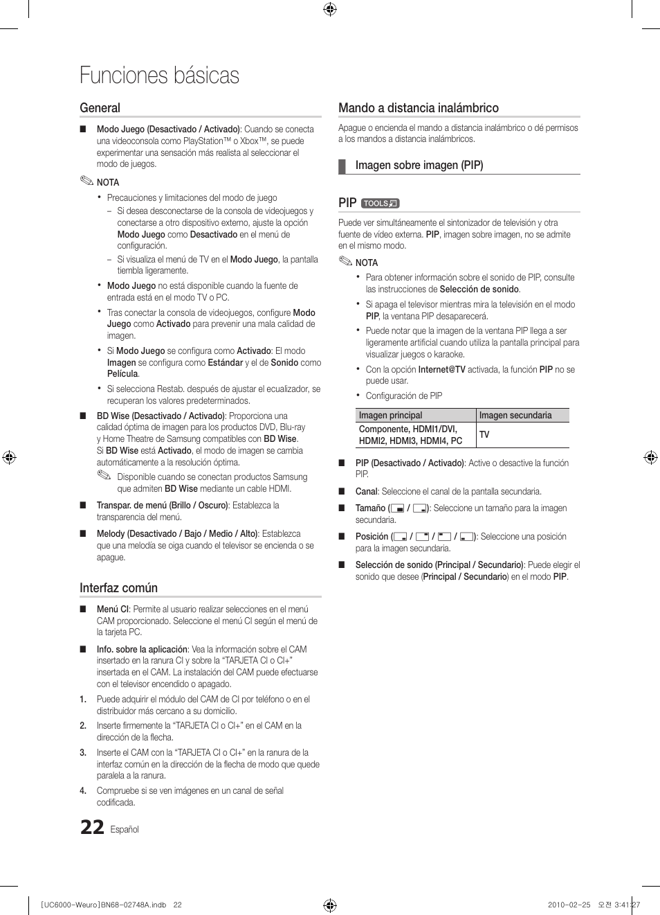 Funciones básicas, General, Interfaz común | Mando a distancia inalámbrico | Samsung UE40C6000RW User Manual | Page 130 / 325