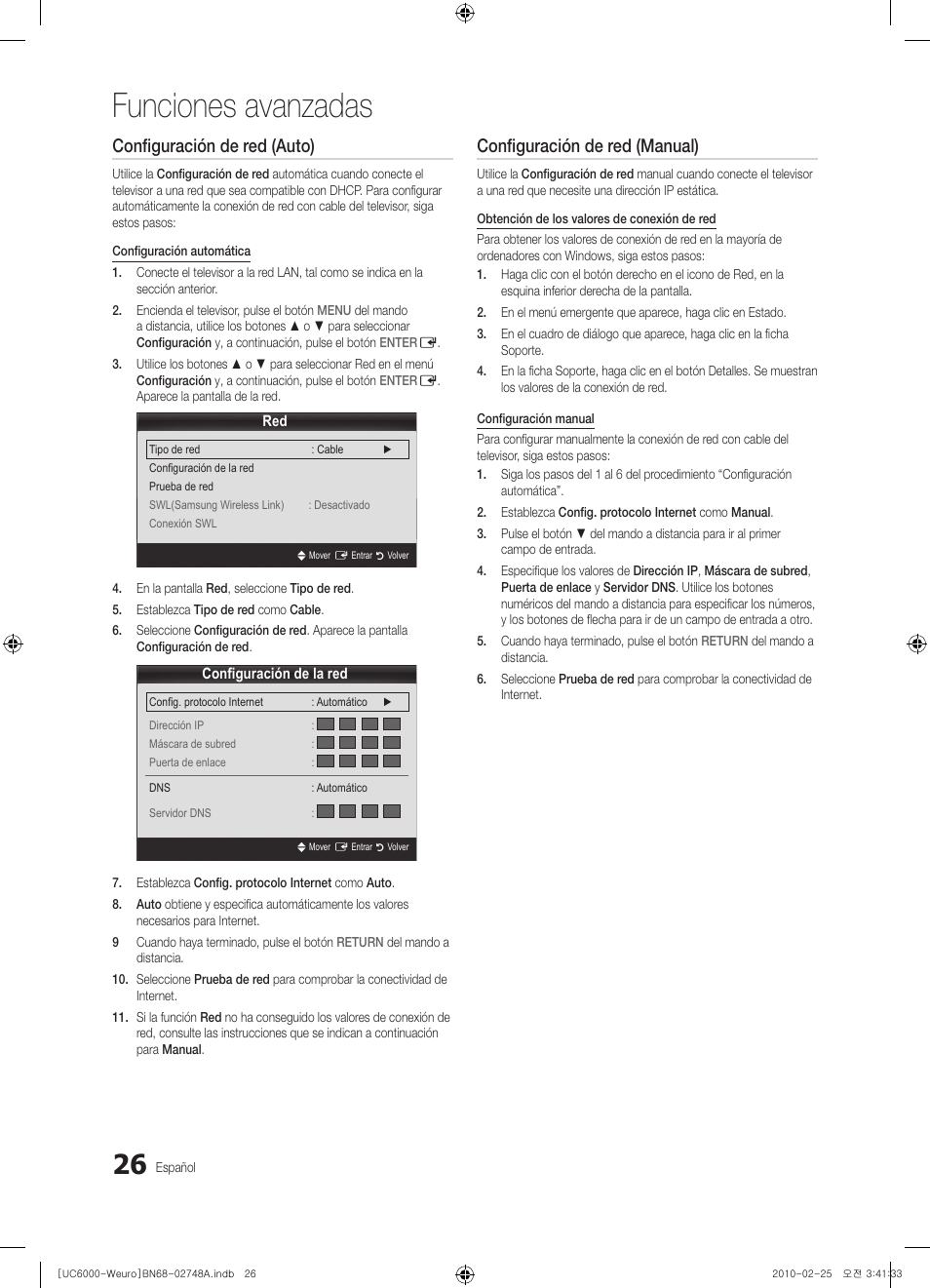 Funciones avanzadas, Configuración de red (auto), Configuración de red (manual) | Samsung UE40C6000RW User Manual | Page 134 / 325