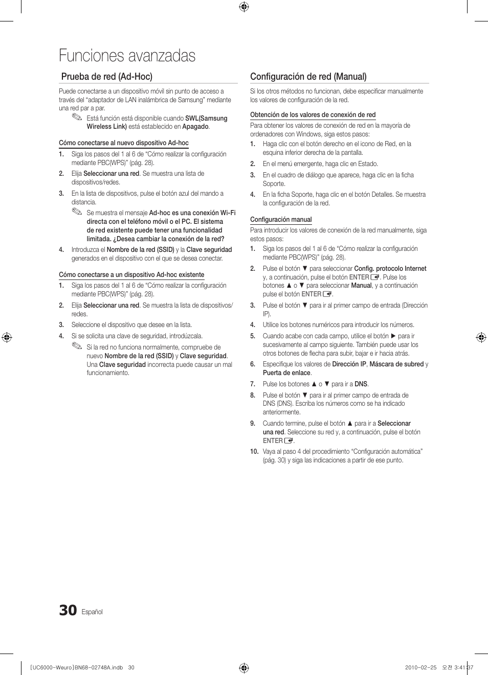 Funciones avanzadas, Prueba de red (ad-hoc), Configuración de red (manual) | Samsung UE40C6000RW User Manual | Page 138 / 325