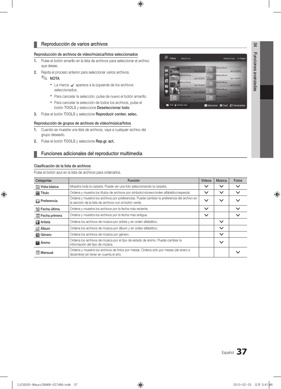 Reproducción de varios archivos, Funciones adicionales del reproductor multimedia | Samsung UE40C6000RW User Manual | Page 145 / 325