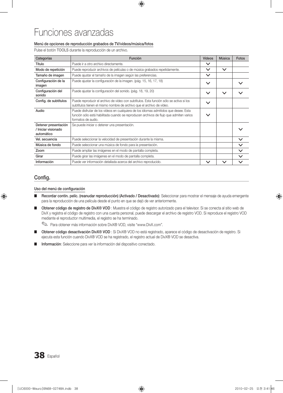 Funciones avanzadas, Config | Samsung UE40C6000RW User Manual | Page 146 / 325