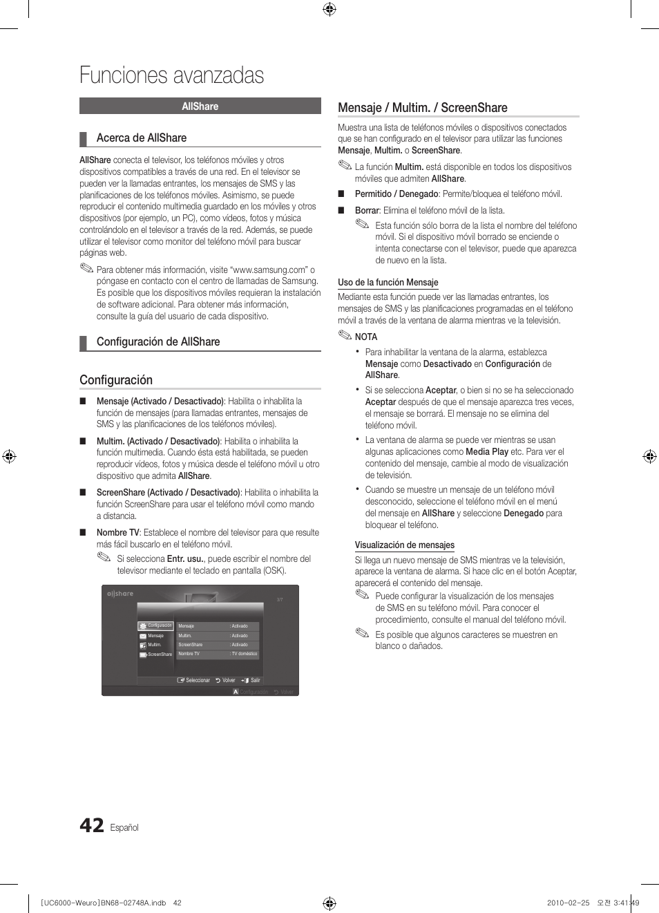 Funciones avanzadas, Configuración, Mensaje / multim. / screenshare | Samsung UE40C6000RW User Manual | Page 150 / 325