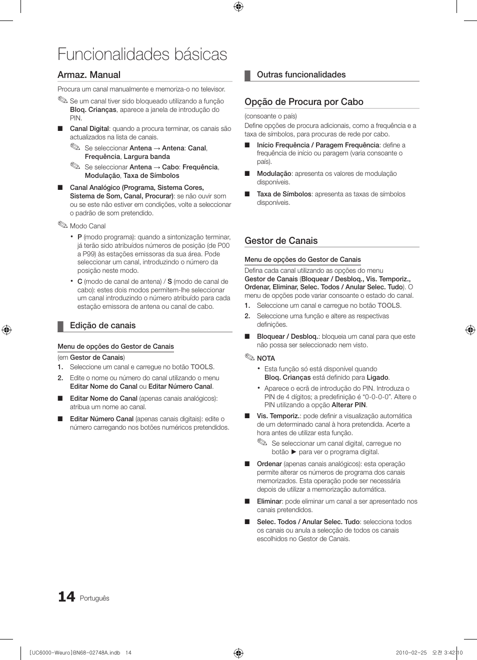 Funcionalidades básicas, Armaz. manual, Opção de procura por cabo | Gestor de canais | Samsung UE40C6000RW User Manual | Page 176 / 325