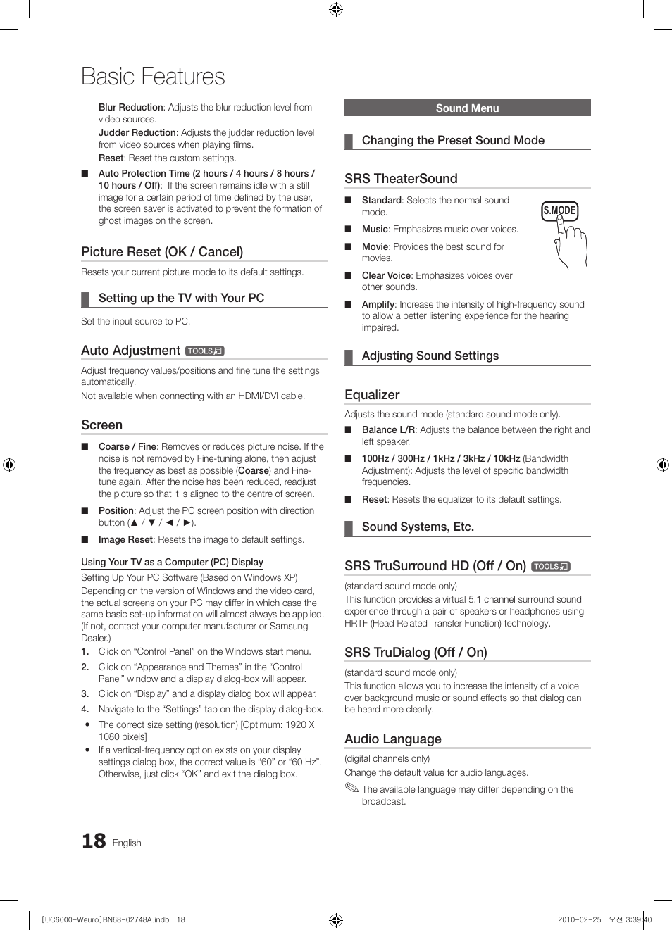 Basic features, Picture reset (ok / cancel), Auto adjustment | Screen, Srs theatersound, Equalizer, Srs trusurround hd (off / on), Srs trudialog (off / on), Audio language | Samsung UE40C6000RW User Manual | Page 18 / 325