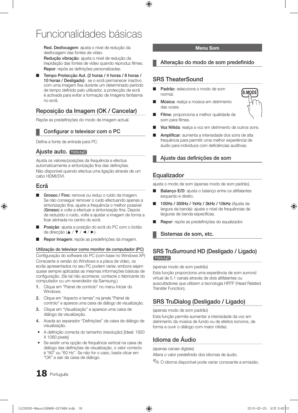 Funcionalidades básicas, Reposição da imagem (ok / cancelar), Ajuste auto | Ecrã, Srs theatersound, Equalizador, Srs trusurround hd (desligado / ligado), Srs trudialog (desligado / ligado), Idioma de áudio | Samsung UE40C6000RW User Manual | Page 180 / 325