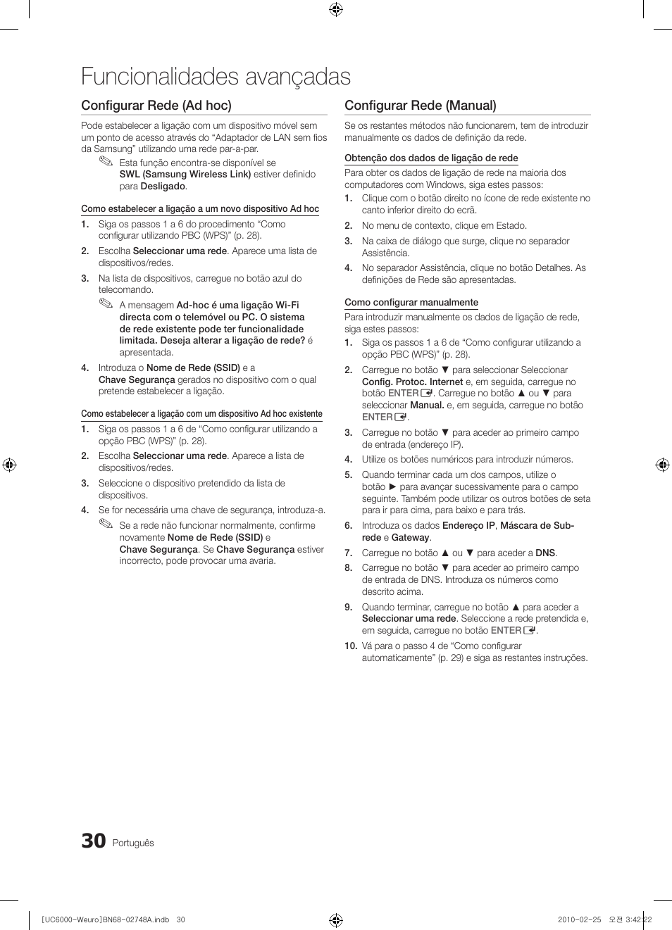 Funcionalidades avançadas, Configurar rede (ad hoc), Configurar rede (manual) | Samsung UE40C6000RW User Manual | Page 192 / 325