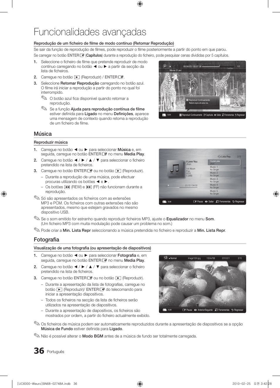 Funcionalidades avançadas, Música, Fotografia | Samsung UE40C6000RW User Manual | Page 198 / 325