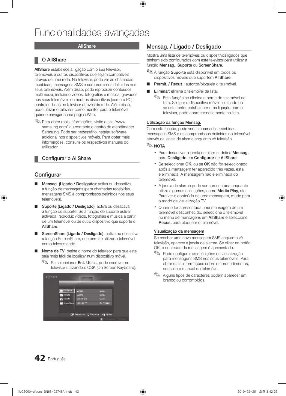 Funcionalidades avançadas, Configurar, Mensag. / ligado / desligado | Samsung UE40C6000RW User Manual | Page 204 / 325