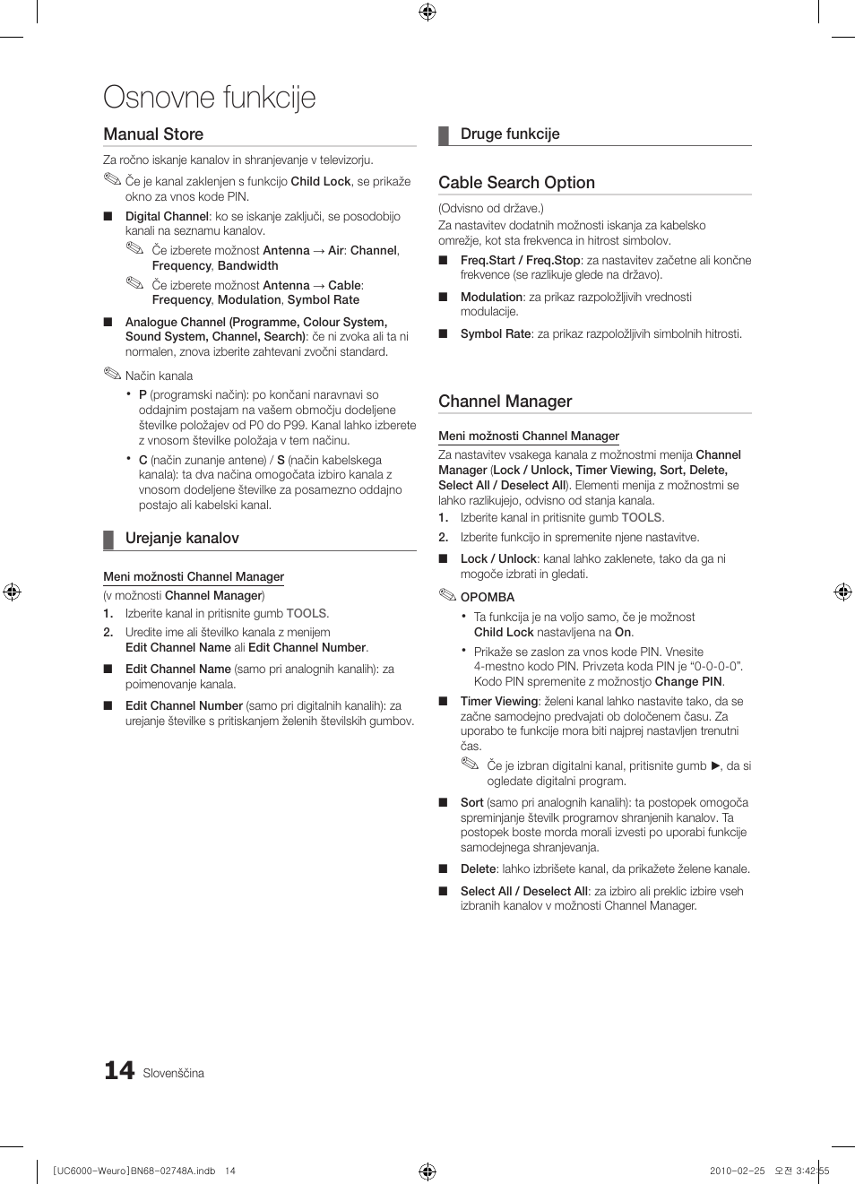 Osnovne funkcije, Manual store, Cable search option | Channel manager | Samsung UE40C6000RW User Manual | Page 230 / 325