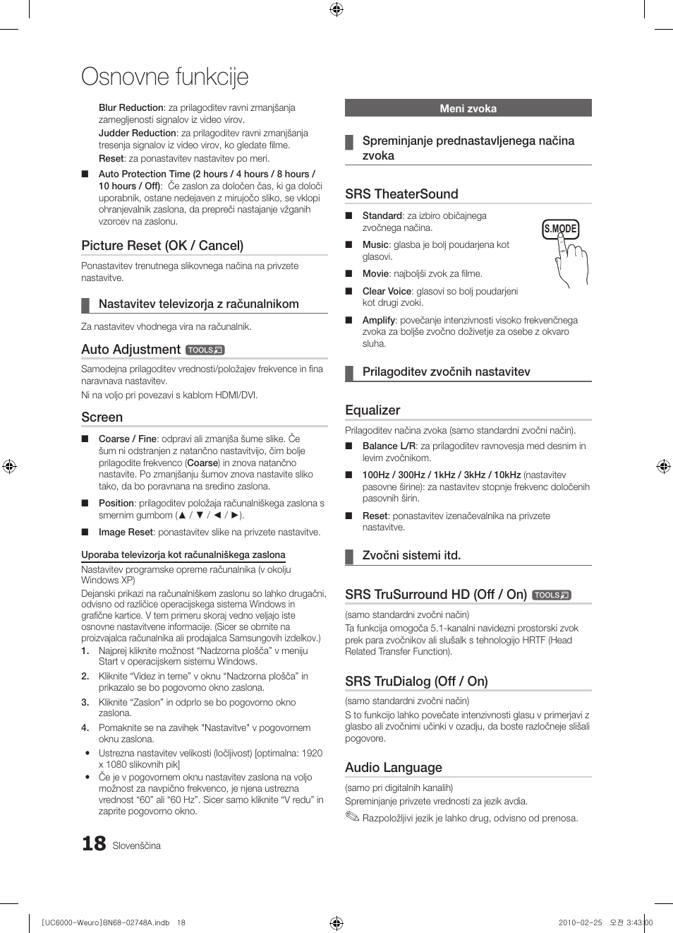 Osnovne funkcije, Picture reset (ok / cancel), Auto adjustment | Screen, Srs theatersound, Equalizer, Srs trusurround hd (off / on), Srs trudialog (off / on), Audio language | Samsung UE40C6000RW User Manual | Page 234 / 325