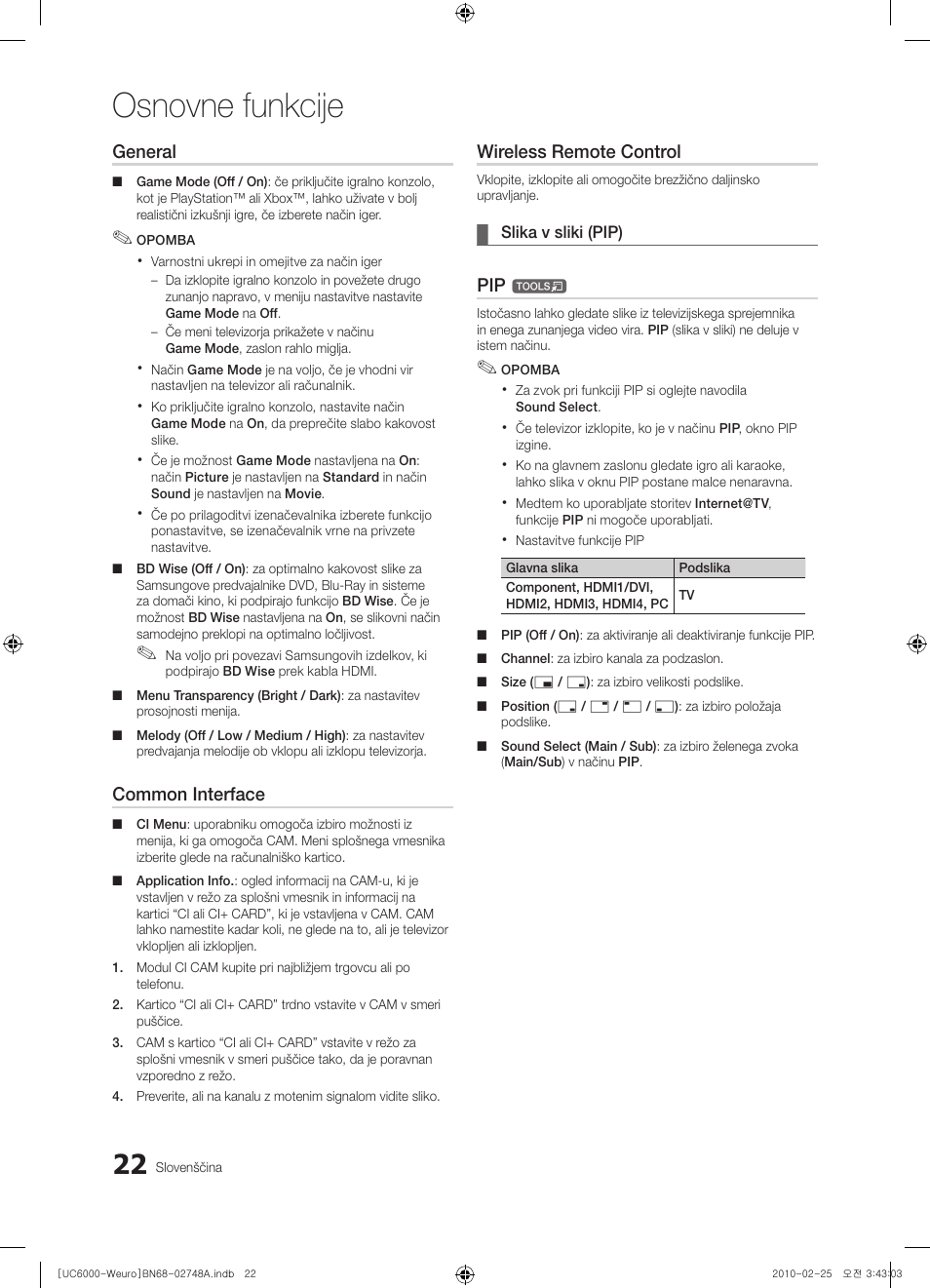 Osnovne funkcije, General, Common interface | Wireless remote control | Samsung UE40C6000RW User Manual | Page 238 / 325