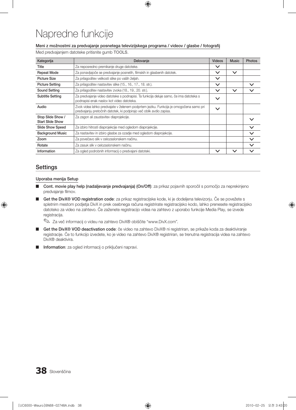 Napredne funkcije, Settings | Samsung UE40C6000RW User Manual | Page 254 / 325