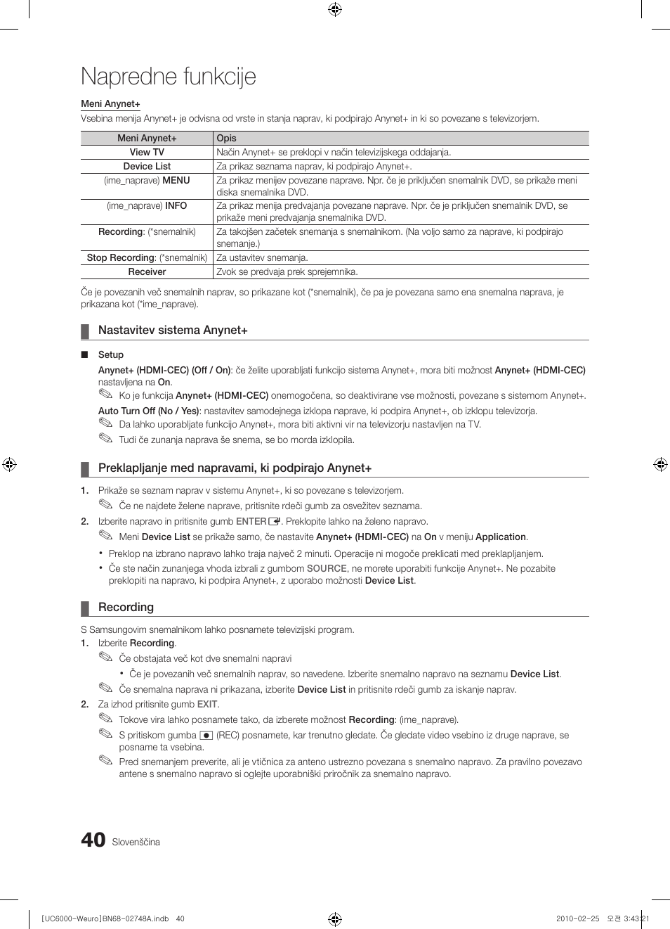 Napredne funkcije | Samsung UE40C6000RW User Manual | Page 256 / 325