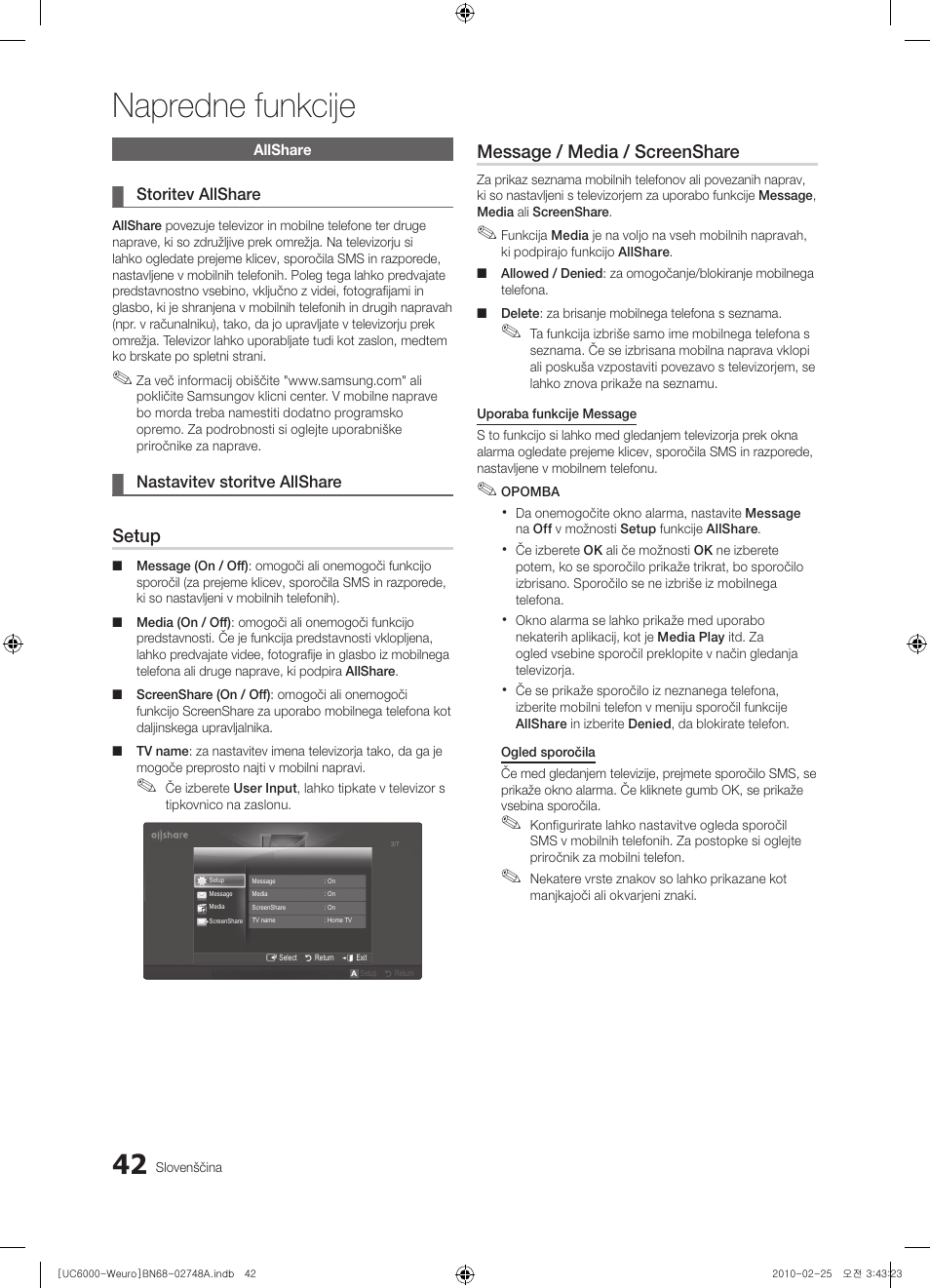 Napredne funkcije, Setup, Message / media / screenshare | Samsung UE40C6000RW User Manual | Page 258 / 325