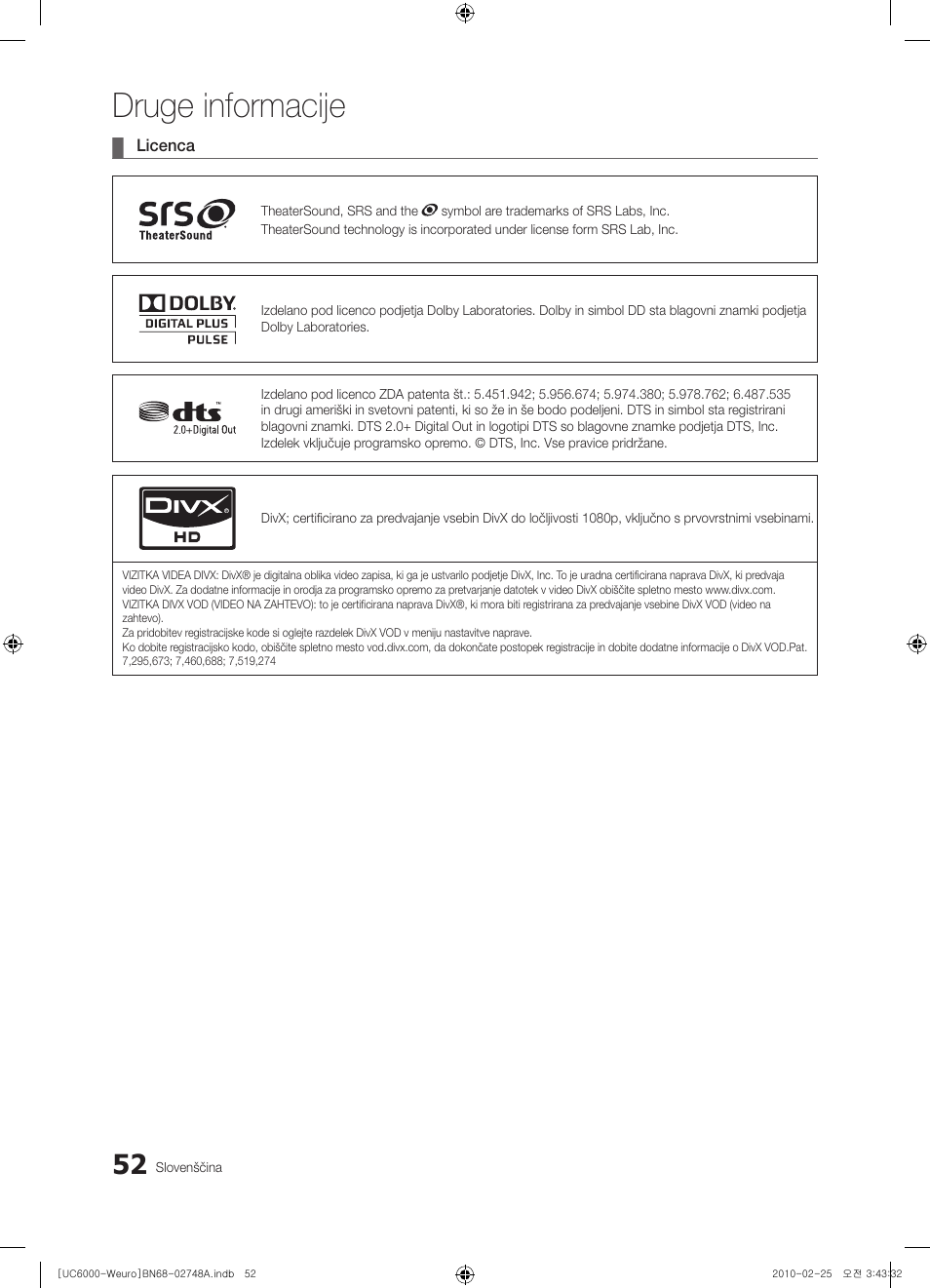 Druge informacije | Samsung UE40C6000RW User Manual | Page 268 / 325