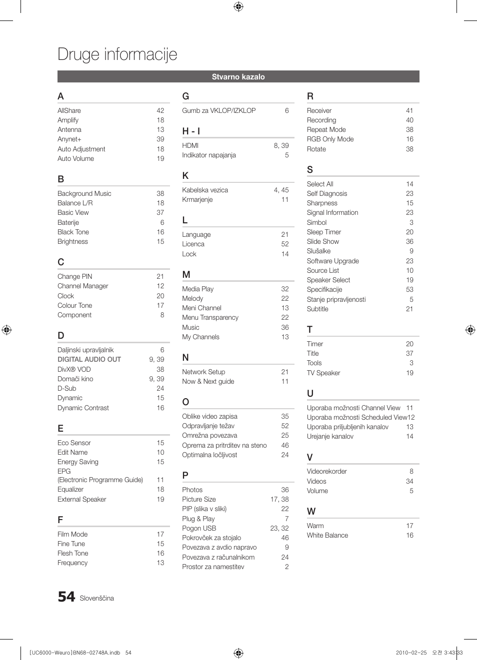 Druge informacije, H - i | Samsung UE40C6000RW User Manual | Page 270 / 325