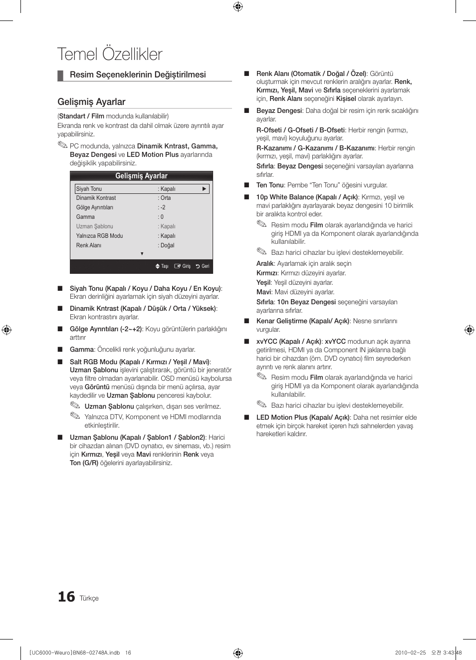 Temel özellikler, Gelişmiş ayarlar | Samsung UE40C6000RW User Manual | Page 286 / 325