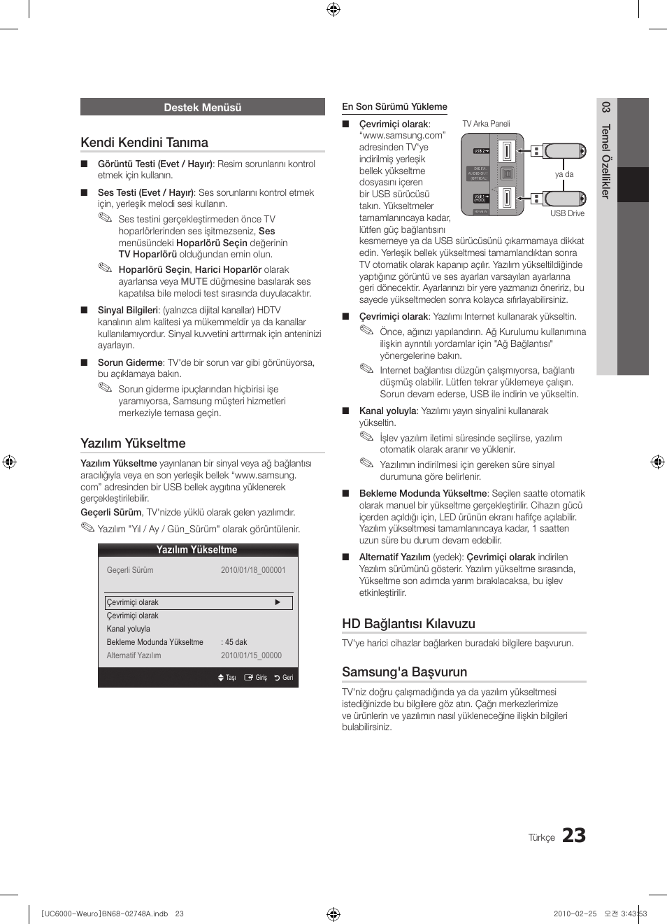 Kendi kendini tanıma, Yazılım yükseltme, Hd bağlantısı kılavuzu | Samsung'a başvurun | Samsung UE40C6000RW User Manual | Page 293 / 325