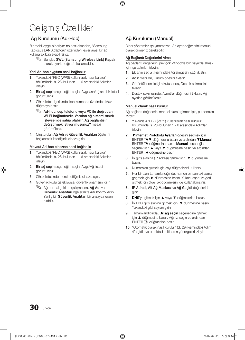 Gelişmiş özellikler, Ağ kurulumu (ad-hoc), Ağ kurulumu (manuel) | Samsung UE40C6000RW User Manual | Page 300 / 325