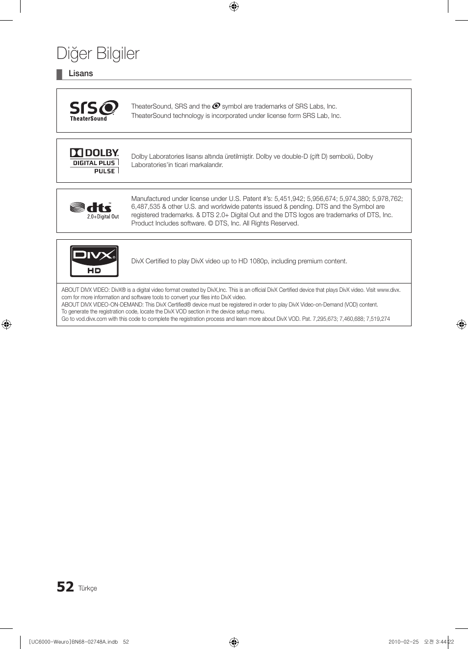 Diğer bilgiler | Samsung UE40C6000RW User Manual | Page 322 / 325