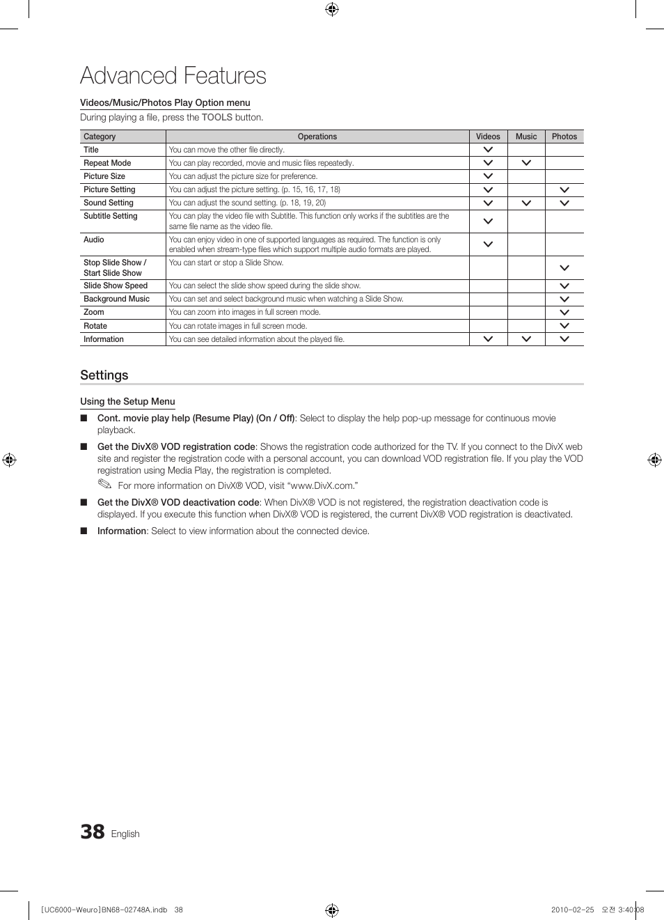 Advanced features, Settings | Samsung UE40C6000RW User Manual | Page 38 / 325