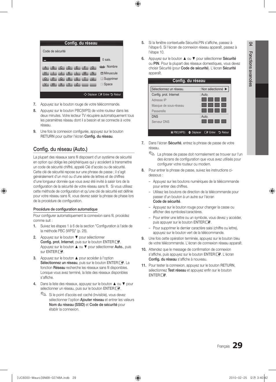 Config. du réseau (auto.) | Samsung UE40C6000RW User Manual | Page 83 / 325