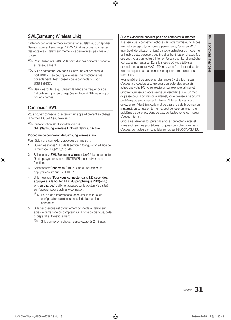 Swl(samsung wireless link), Connexion swl | Samsung UE40C6000RW User Manual | Page 85 / 325