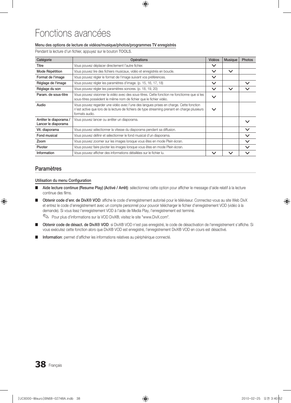 Fonctions avancées, Paramètres | Samsung UE40C6000RW User Manual | Page 92 / 325