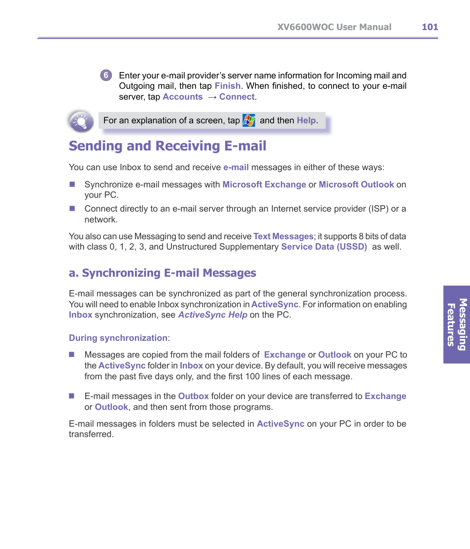 Sending and receiving e-mail, A. synchronizing e-mail messages | Verizon Wireless XV6600WOC User Manual | Page 101 / 158