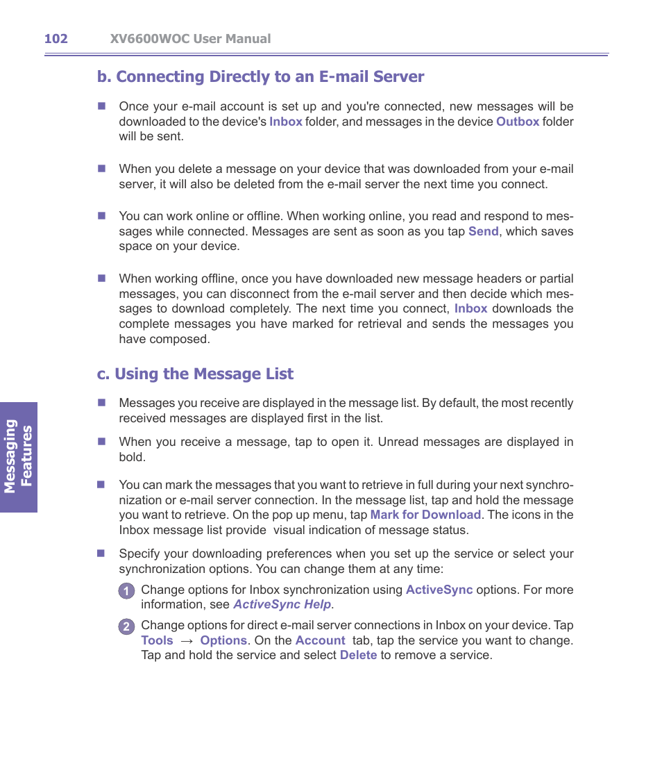 B. connecting directly to an e-mail server, C. using the message list | Verizon Wireless XV6600WOC User Manual | Page 102 / 158