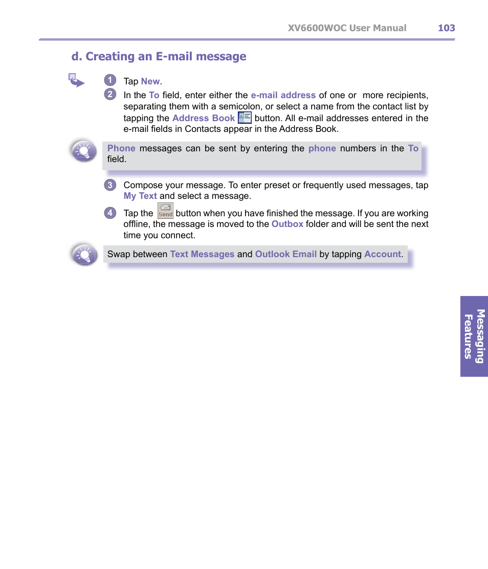 D. creating an e-mail message | Verizon Wireless XV6600WOC User Manual | Page 103 / 158