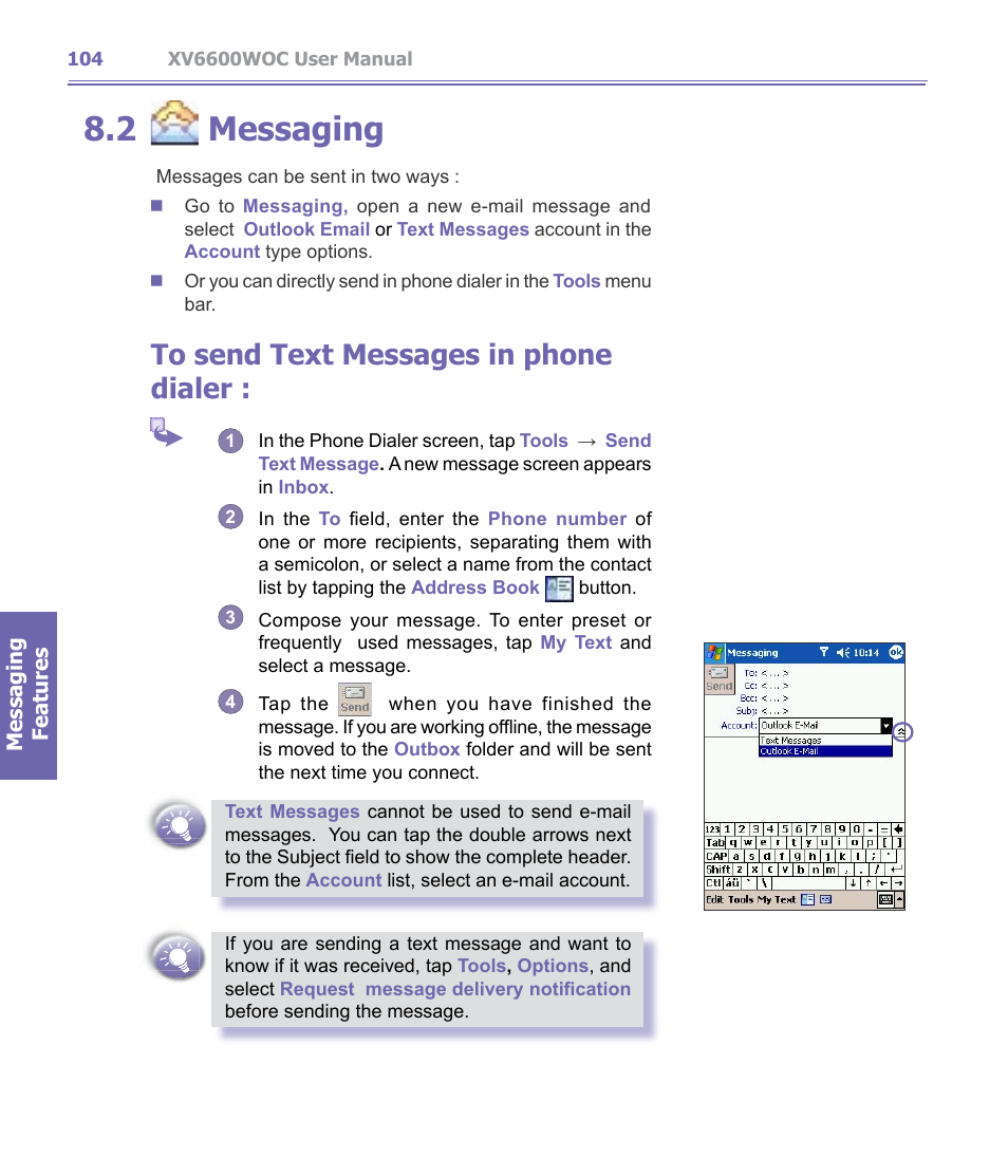 2 ￼ sms messages, Messaging, 2 messaging | Verizon Wireless XV6600WOC User Manual | Page 104 / 158