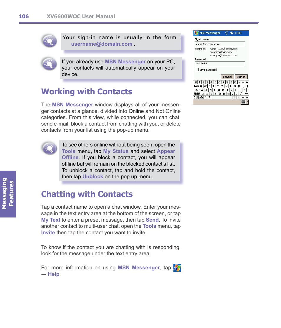 Working with contacts, Chatting with contacts | Verizon Wireless XV6600WOC User Manual | Page 106 / 158