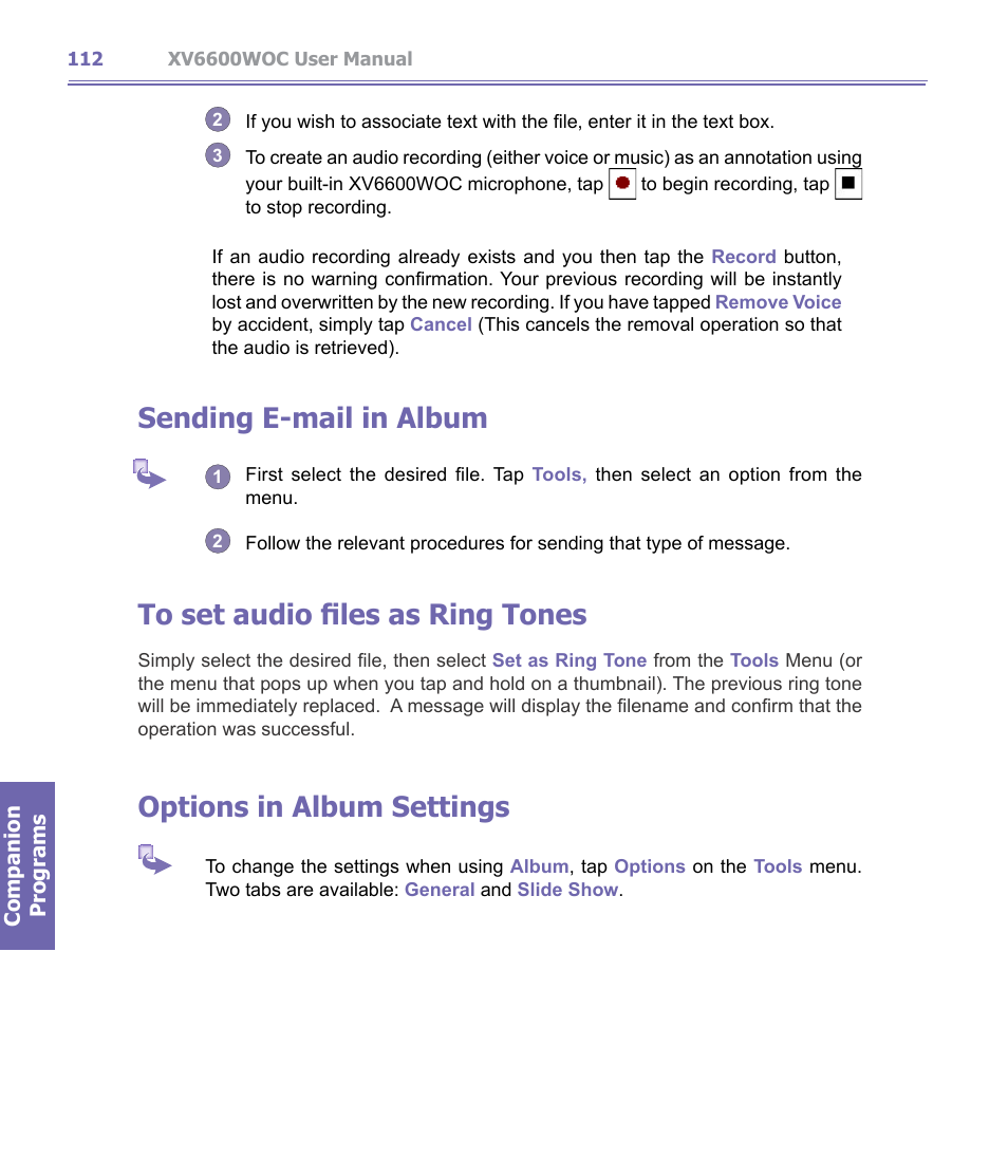 Sending e-mail in album, Options in album settings | Verizon Wireless XV6600WOC User Manual | Page 112 / 158
