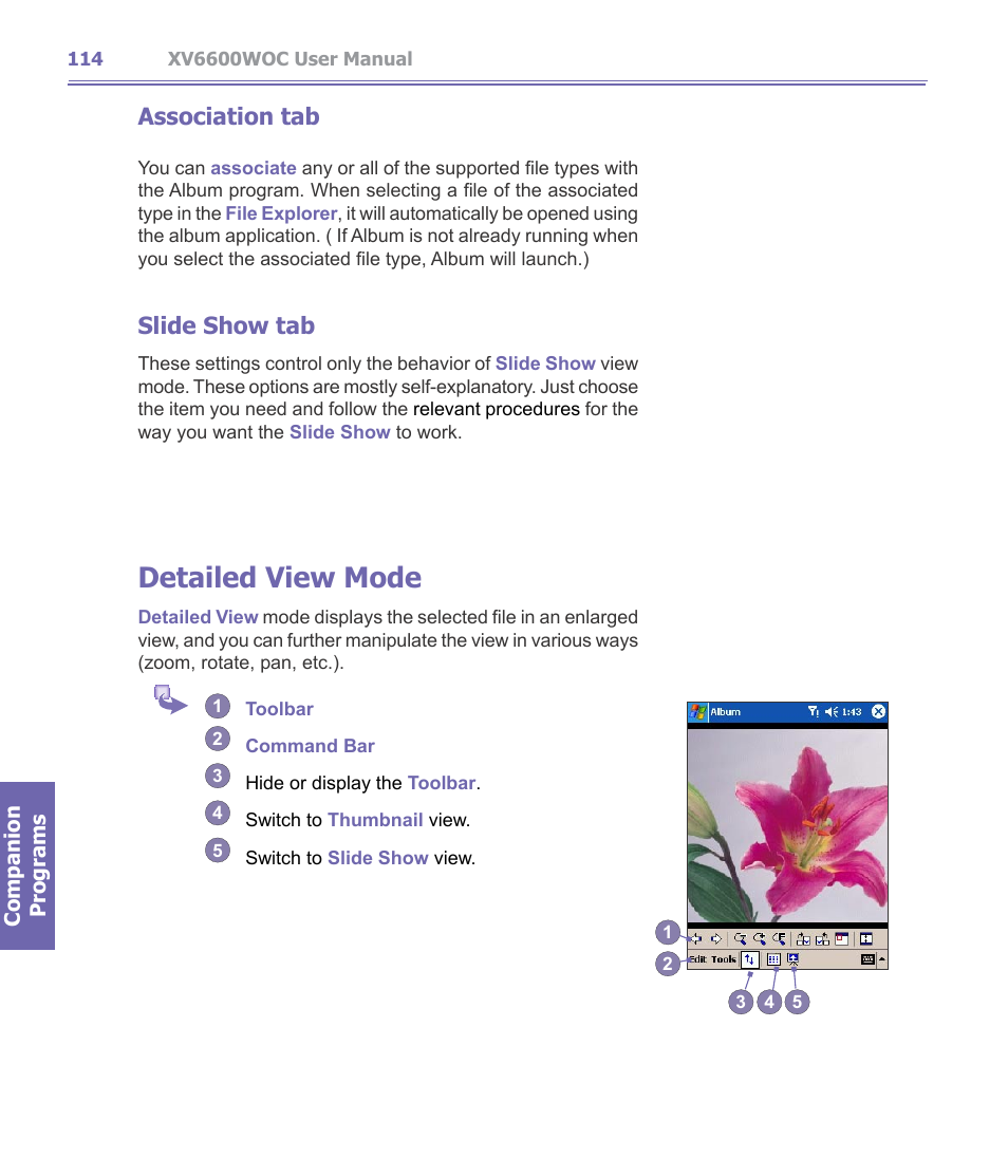 Detailed view mode, Association tab, Slide show tab | Verizon Wireless XV6600WOC User Manual | Page 114 / 158