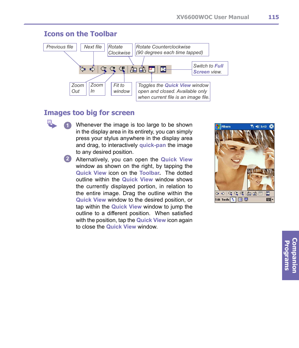 Icons on the toolbar images too big for screen | Verizon Wireless XV6600WOC User Manual | Page 115 / 158