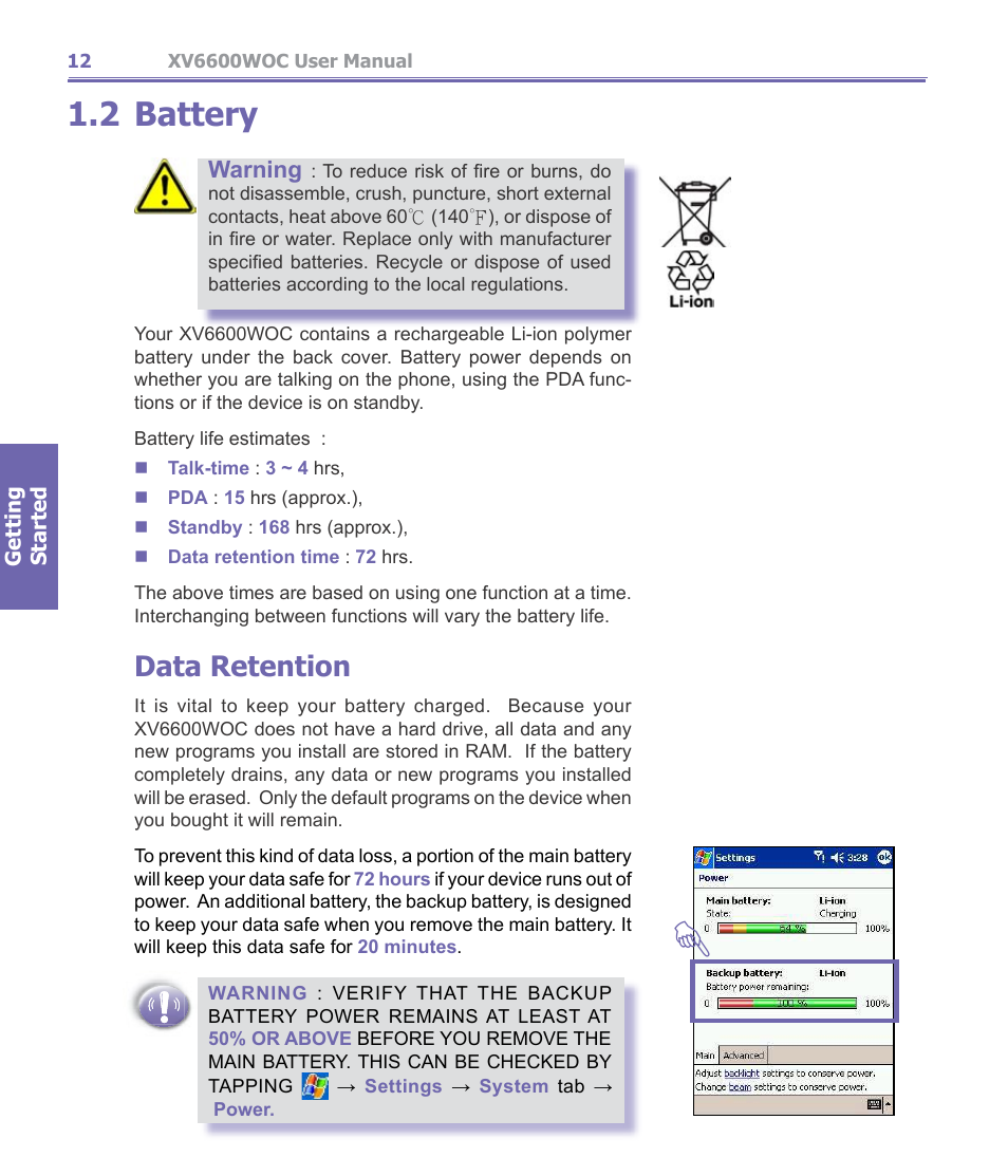 2 battery, Battery, Data retention | Warning | Verizon Wireless XV6600WOC User Manual | Page 12 / 158