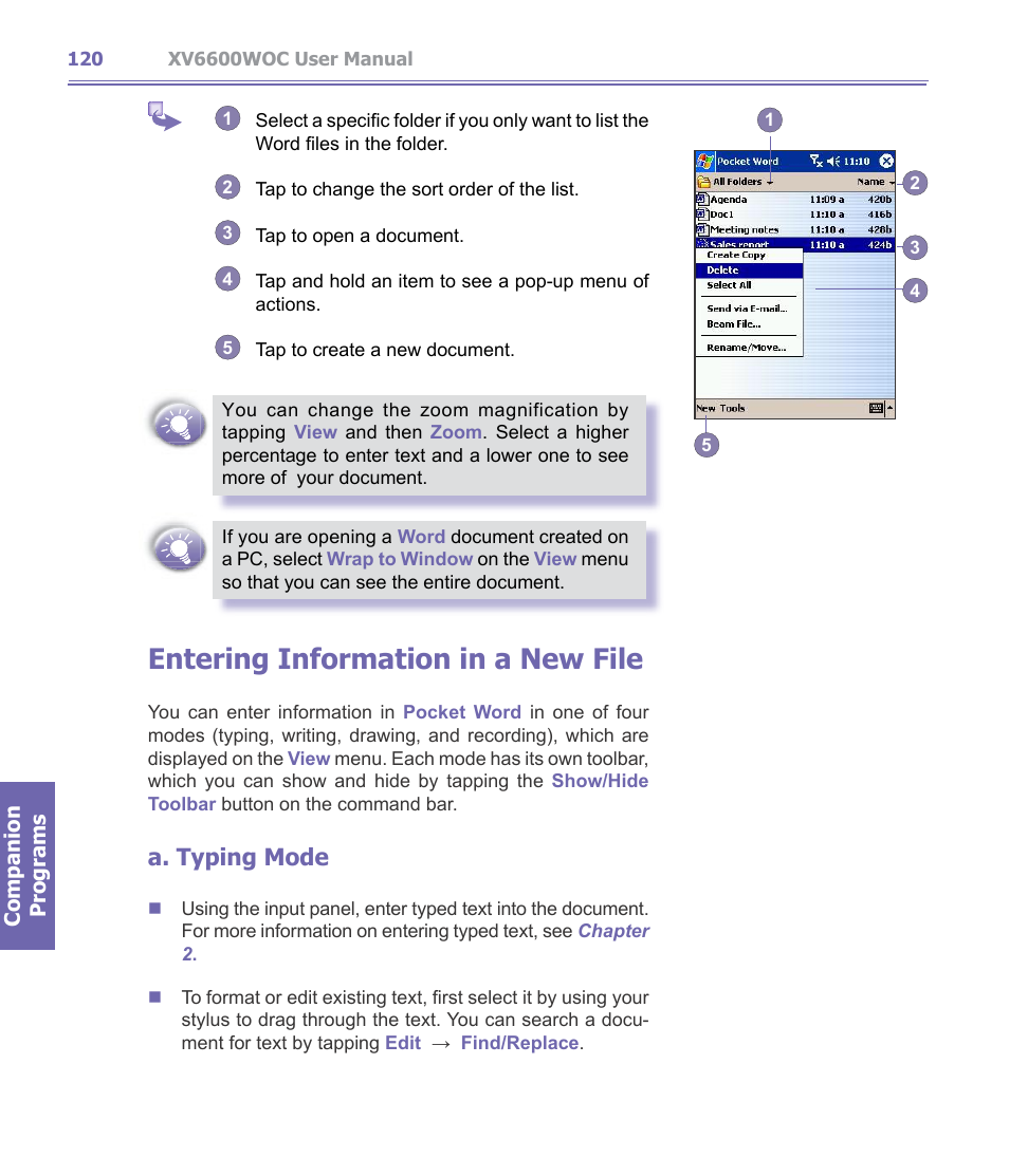 Entering information in a new file, A. typing mode | Verizon Wireless XV6600WOC User Manual | Page 120 / 158