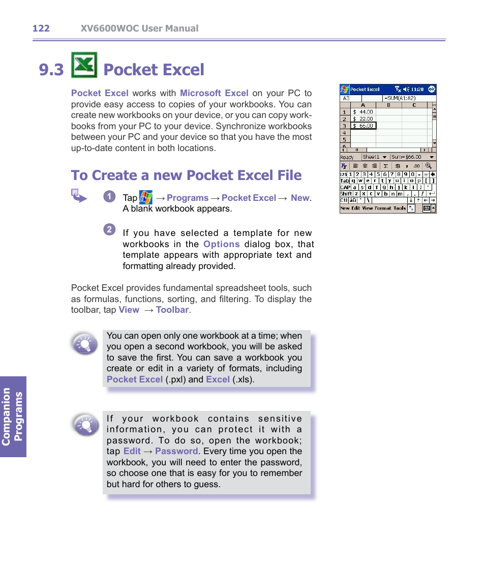 3 ￼ pocket excel, Pocket excel, 3 pocket excel | Verizon Wireless XV6600WOC User Manual | Page 122 / 158